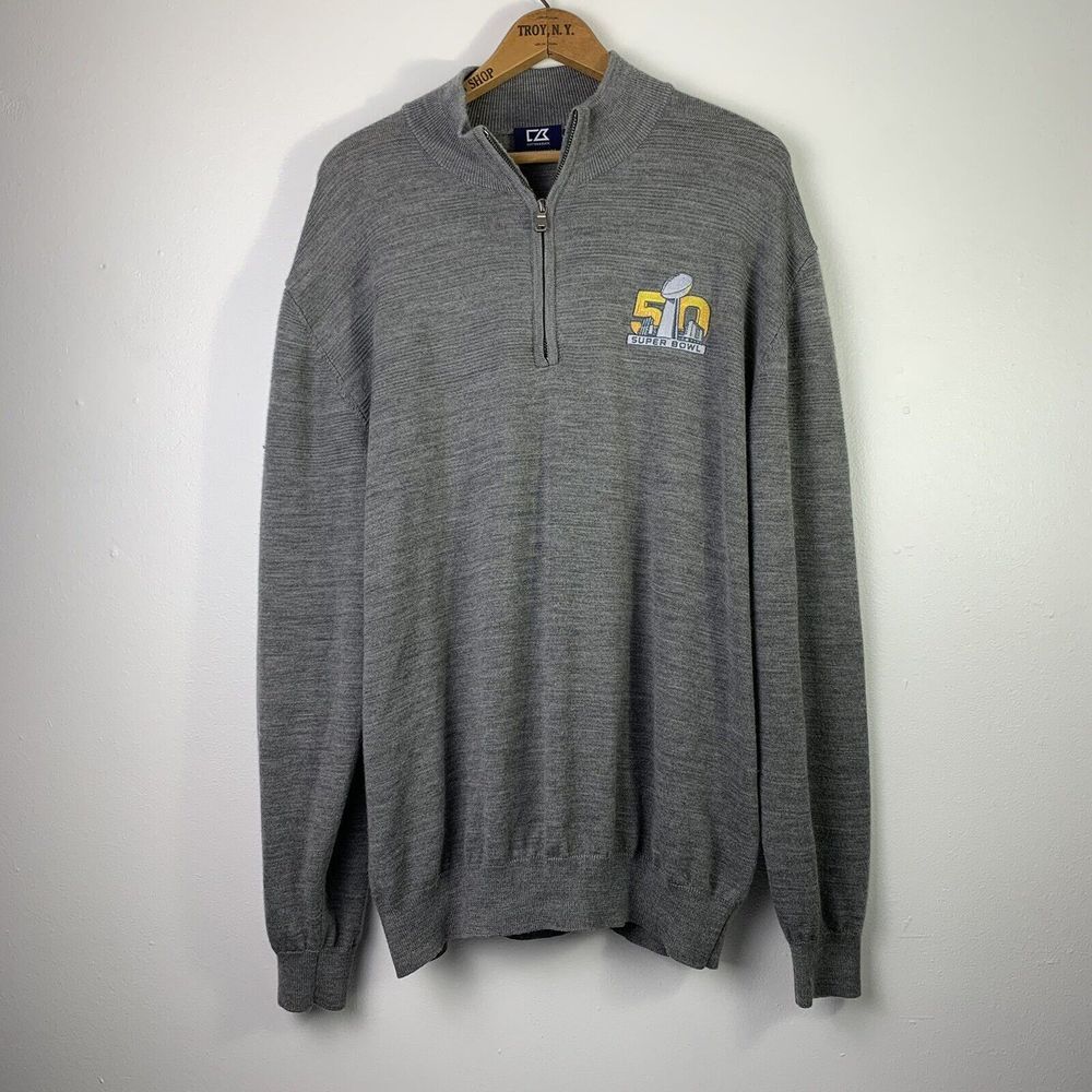 Cutter & Buck Super Bowl 50 1/4 Zip Pullover Mens XL Merino Wool Blend Gray Logo
